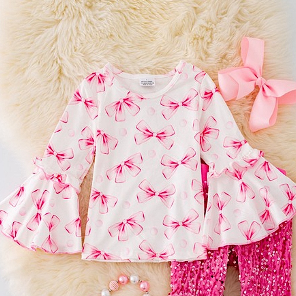 Girls Ruffle Bell Sleeve Bow Top